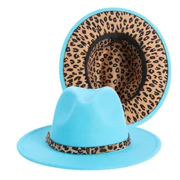 Outer Lake Blue Inner Leopard Fedora Hats with Belt Buckle Spring Autumn Women Men Panama Felt Cap Trend Party Church Hats Plus Size