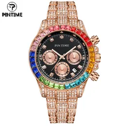 Pintime Relogio de Quartzo dos Homens de Luxo Diamante Hip Hop Colorido Moldura Gelo Para fora Rosa Ouro Relogio de Pulso Masculino Zegarek Meski Montre