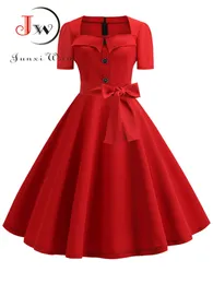 Kobiety Summer Sukienka Elegancka Retro Vintage 50. 60s Szata Rockabilly Huśtawka Suknie Pinup Casual Red Party Vestidos 220418