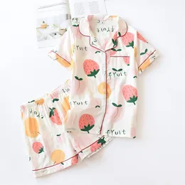 Cotton Thin Pajamas Ladies Summer Shortsleeved Shorts Home Costumes Nightwear Printed Fresh Loose Suit Ropa De Dormir Mujer T200429