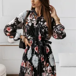 Elegant Chiffon Floral Print Pleated Maxi Dres Autumn Casual Long Sleeve Lace-up Party Dresses Office Ladies Dress 220517