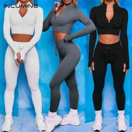 Women Piece Set Seamless Leggings Sport Yoga Pants Passar Gym Två uppsättningar S -utbredningar Bröst Zip Fitnesskläder J220706