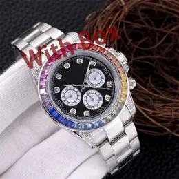 2023 40mm Hommes Montres mécaniques automatiques avec boîte en acier Rainbow Diamond Bezel Montres-bracelets Saphir Montre étanche Dropshipping