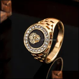 Band Rings Punk Men Men Lion Head Crystal esmalte anel para mulheres liga dourada de dedo oco Hollo