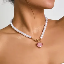 Vintage Pearl Necklace For Women Fashion Geometric Pink Glass Heart Pendant Necklace neck chain Wedding Jewelry