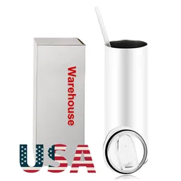 US/CA Stock 20oz Fashion Straight Tumbler Wasserflaschen aus 304 Edelstahl, vakuumisolierte Bierkaffeetasse mit Deckel und Plastikstrohhalmen 0315