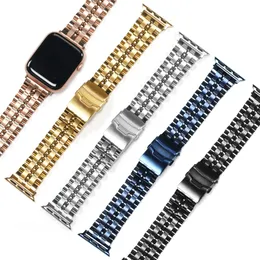 Cinturino in acciaio inossidabile con sette perline in metallo con fibbia assicurativa per cinturino Apple Watch 41mm 45mm 44mm 42mm 40mm 38mm Collegamento braccialetto Iwatch Serise 7 Se 6 5 4 3 cinturino