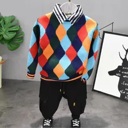 Clothing Sets Spring Kids Clothes Boy Boys Rhombus Knit Wweater,Shirts And Pants 3PCS Suit 2-7years