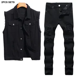 Summer Tracksuits Ripped Hole Men's Sets Solid Black Denim Vest and Jeans Two Piece Set Casual Slim Male Frayed Waistcoat + Stretch Pants