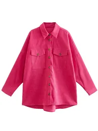 여자 재킷 2022 패션 여성 로즈 레드 코듀로이 오버 셔츠 빈티지 포켓 싱글 가슴 여성 가을 ​​자켓 느슨한 탑 윈스