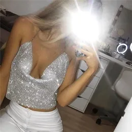 AKYZO Sexy Halter Handmade Shiny s Crop Top Women Backless Summer Beach Chic Party Bralette Cropped Tank 220318