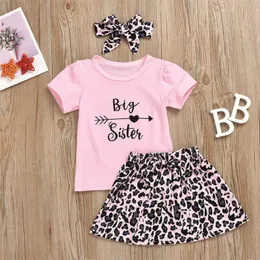 Roupas conjuntos de roupas 3pcs moda menina roupas de menina Big Sister Camiseta /Little Leopard Romper calças /saia