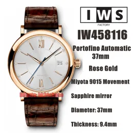 IWSF Top Quality Watches 37mm Rose Gold Miyota 9015 Automatisk kvinnoklocka 458116 Silver Dial Läderband Remmar Armbandsur