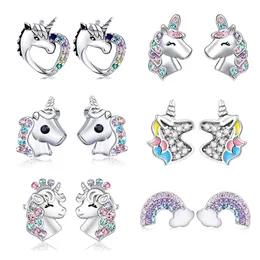 Unicorn Saplama Küpe 925 Gümüş Çok Renkli Rhinestone Küçük Kalp Kedi Gökkuşağı Küpe Kadınlar İçin Düğün Moda Takı Hediyeleri