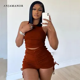 Anjamanor Sport Summer Clothes for Women 2 Piece Set Drawstring Zipper Rib Shorts and Crop Top Casual Sexy Outfits D26CF33 220708