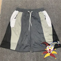 Camiseta de manga curta tecido multicolorido retalhos bordado kith shorts masculino feminino malha zip bolsos respirável calças de placa