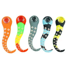 Latest Colorful Silicone Squid Tentacles Shape Pipes Dry Herb Tobacco Thick Glass Filter Bowl Portable Handpipes Cigarette Holder Smoking High Quality DHL Free