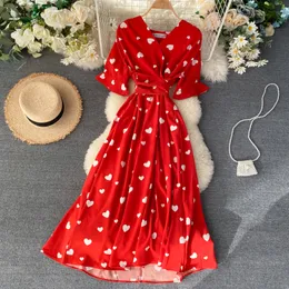 Summer New Design damskie damno-dekoltowe krótkie rękawie miłosne serce druk wysoki talia szyfonowa midi długa sukienka