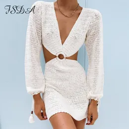 FSDA Knit Stripe Sukienka z długim rękawem plaża Backless Lato puste wyczerpanie kobiet v szyja seksowna impreza mini sukienki zwykłe białe 220521