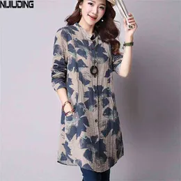NIJIUDING Spring Fashion Floral Print Cotton Linen Blouses Casual Long Sleeve Shirt Women Top With Pockets 210401