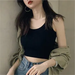 White Knitted Round Neck Women Tshirt Sexy Sleeveless Camisole Crop Top Woman Tight Stretch Tank Ladies Tee Streetwear 220629