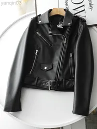 Ailegogo New Spring Women Streetwear Biker Leather Jacket Slim Fit Turn Down Collar Coat Outwear with Black Pu Faux Leather L220801