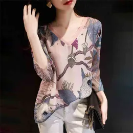Spring Summer Style Women Chiffon Bluses Shirts Lady Casual Long Sleeve Vneck Printed Chiffon Blusa Topps DD8954 210401