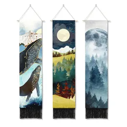 Tapisserier japansk stil val tapestry hippie moon berg vägg hängande boho bläck målning för vardagsrum tyg hem dekortapestries