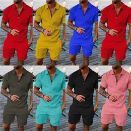 Pure color Summer Men's Tracksuit Grid Gradual Short Sleeve Zipper Polo Shirt&Shorts Set for Men Casual Streetwear 2-piece 220610