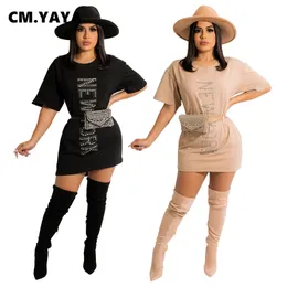 CM.YAYA Women Letter Rhinestones Short Sleeve O-neck T-shirt Style Dress 220516