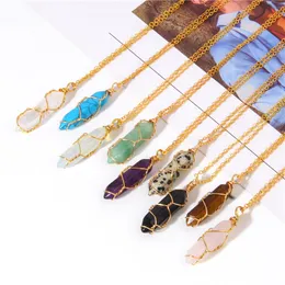 Gold Reiki Healing Jewelry Hexagonal Crystal Stone Necklace Wire Wrap Stones Bullet Rose Quartz Necklace Pendulum Chakra Mki