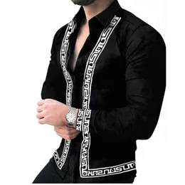 2021 herrarna Slim Shirt Autumn Casual Turn-Down Collar Streetwear Fashion Together Long Sleeve High Quality Black Printed Shirt G220511