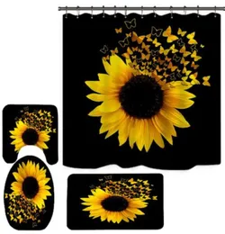Sonnenblumen-Schmetterling, HD-Digitaldruck, Polyester, Badezimmer-Duschvorhang, WC, dreiteiliges Set