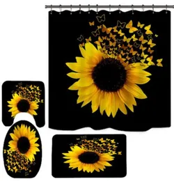 Sonnenblumen-Schmetterling, HD-Digitaldruck, Polyester, Badezimmer-Duschvorhang, WC, dreiteiliges Set