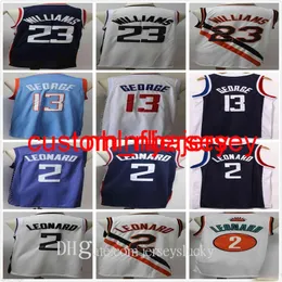 NCAA College Kawhi 13 George Lou 2 Leonard Jersey Paul 23 윌리엄스 블루 화이트 블랙 도매 저렴한 망 레트로 빈티지 농구 유니폼 S-2XL