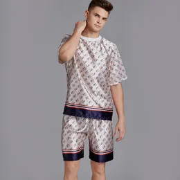 Men Silk Satin Pijama Zestaw Pękamy z krótkim rękawem O NECK PAJAME HOMME Fashion Sleep Fet Top and Shorts na lato