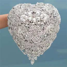 Kwiaty ślubne 18 cm Srebrny luksusowy dhinestone pełny diament bukiety ślubne bukiety w kształcie serca sztuczny kwiat W520Wedding