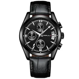 2022 CRRJU Men Military Watches Male Black dial Business quartz watch Men's Leather Strap Waterproof Clock Date Multifunction Wristwatches montre de luxe E5