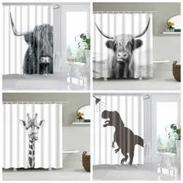 Schwarz-weißer Badezimmervorhang mit Tiermuster, Giraffe, Badezimmervorhang, Stoff, Duschvorhangringe, 3D für Bad, dekorativ, 210402