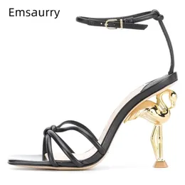 Unique Flamingo Strange High Heel Sandals Women Knitted Narrow Band Ankle Strap New Design Summer Runway Shoes Woman 210412