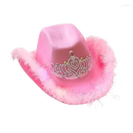 Berets Light Up Pink Cowboy Hat With Tiara Rolled Fedora Caps Wide Brim For Party Holiday Carnival Cosplay Role Play SuppliesBerets