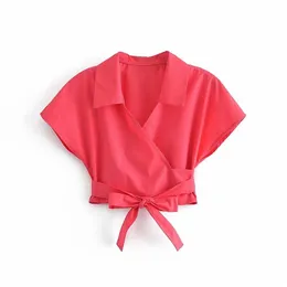 夏の女性クロップドシャツshirt弓弓T-シャツクロスVネックカジュアルファッションクロップトップウーマンTシャツ210709
