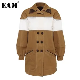 EAM Loose Fit Khaki Mesh Split Joint Temperament Jacket Lapel Long Sleeve Women Coat Fashion Spring 1U864 201026