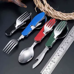 Tragbares Werkzeug Besteck Multitool Besteck Regenbogen Utensil Flasche Dosenöffner Falten Spork Gabel Geschirr Picknick Camp Löffel Messer Y220530