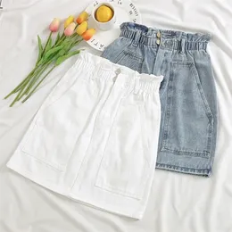 Elastisk midja sommarkvinnor denim kjol fickor sexig vit hög midja jeans kjolar aline casual ruffles kvinnlig mini saia mujer t200106