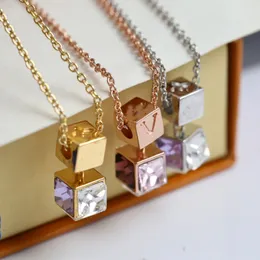 Europe America Fashion Pendant Style Jewelry Sets Lady Women Gold/Silver/Rose-colour Engraved V Initials Colored Crystal Dice Pendant Necklace With Box