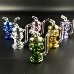 Mini Skull Glas Bong Pipes Shisha Hookah Dab Rig Rökvattenpipa Filterbägare Bubblare med gummirör och oljebrännare