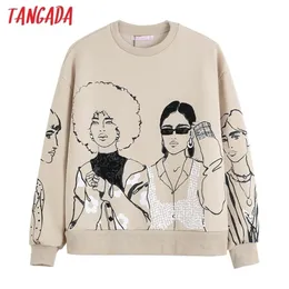 Tangada Frauen Charater Print Grau Sweatshirts Oversize Langarm O Neck Lose Pullover Weibliche Tops 4H1 220817