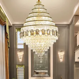 豪華なクリスタルシャンデリア照明モダンなリビングルームハンギングランプ大きな金の階段LEDライトフィクスチャーハウス装飾チェーンランプ