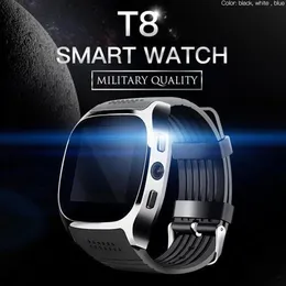 T8 Bluetooth Smart Watch Mobiltelefon med kamera Support SIM-kort upplåst GSM Mobiltelefon Pedometer Män Kvinnor Ring Sport SmartWatch för Android-telefon